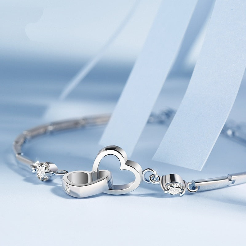 New Classic 925 Sterling Silver Bracelet With Double Zircon Heart For Women