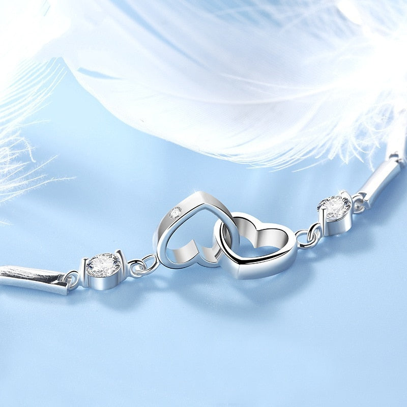 New Classic 925 Sterling Silver Bracelet With Double Zircon Heart For Women