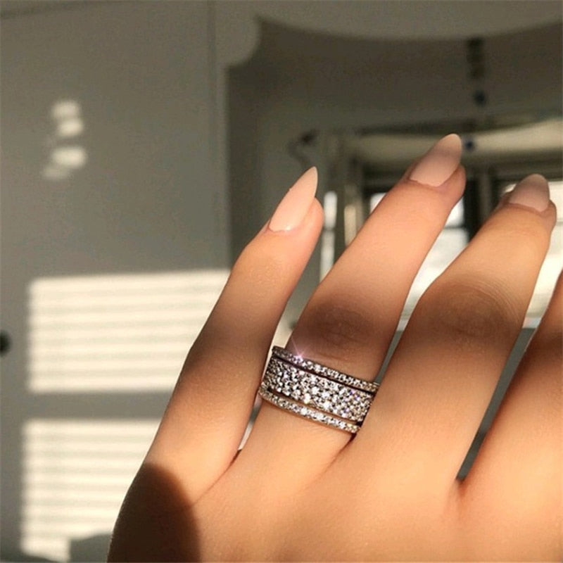 New Luxury Silver Rings Rhinestone Crystal Full Zircon