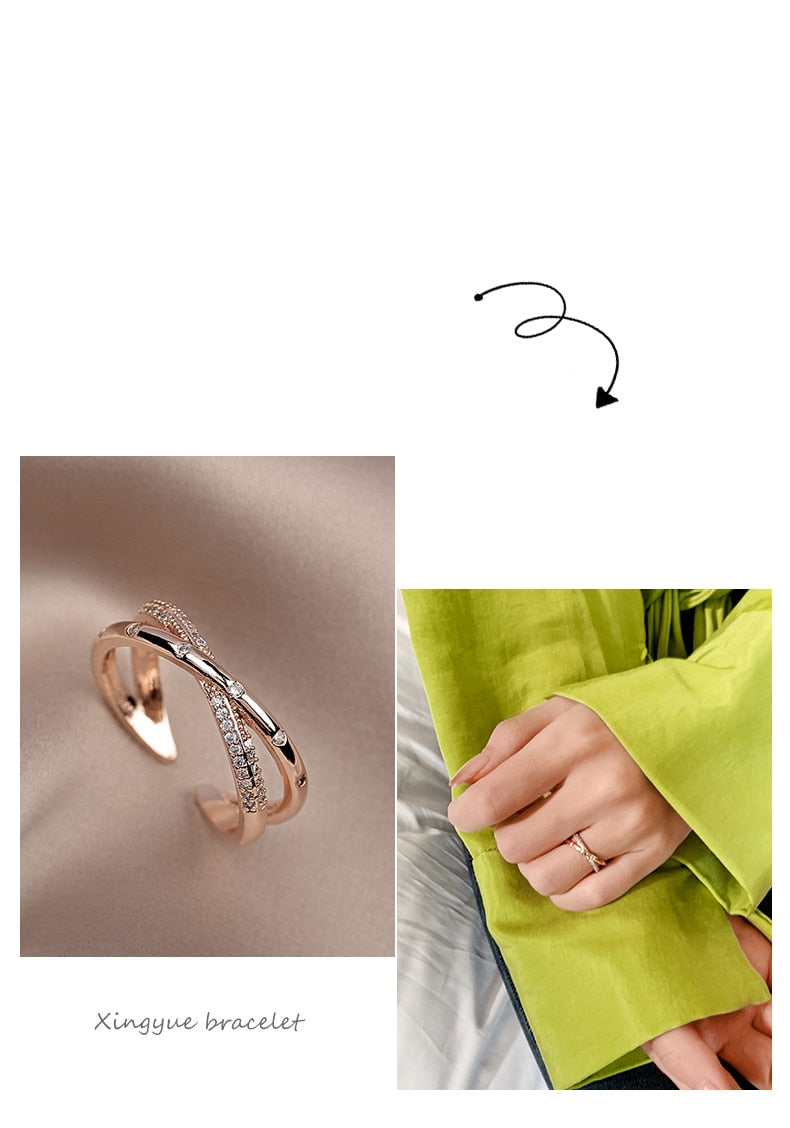 New Open Ring Zircon Light Luxury Cross Rose Gold Adjustable Size