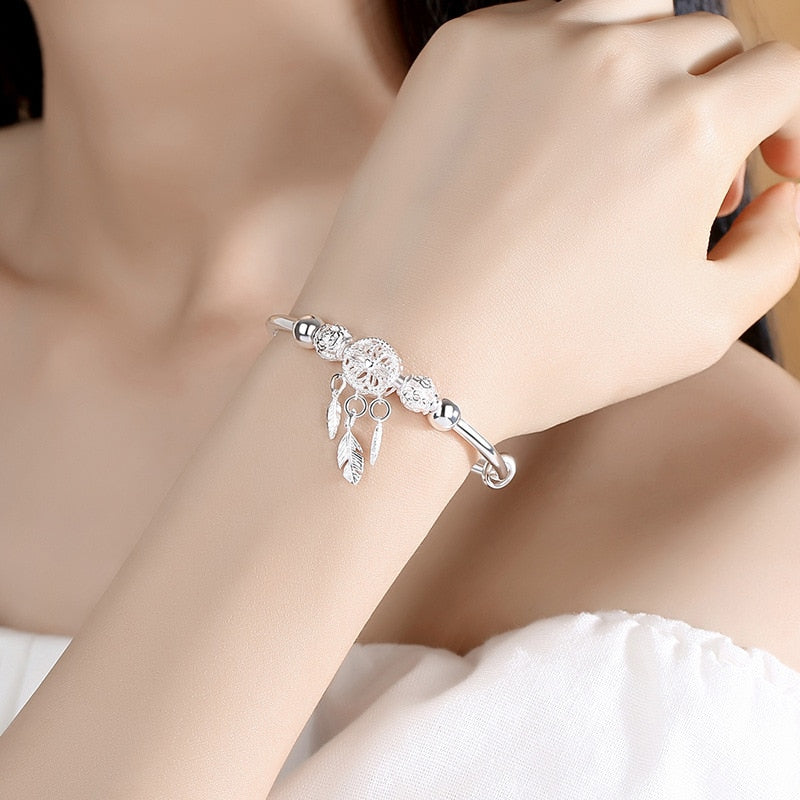 Silver Elegant Dream Catcher Tassel Feather Bracelet 925 Sterling For Women