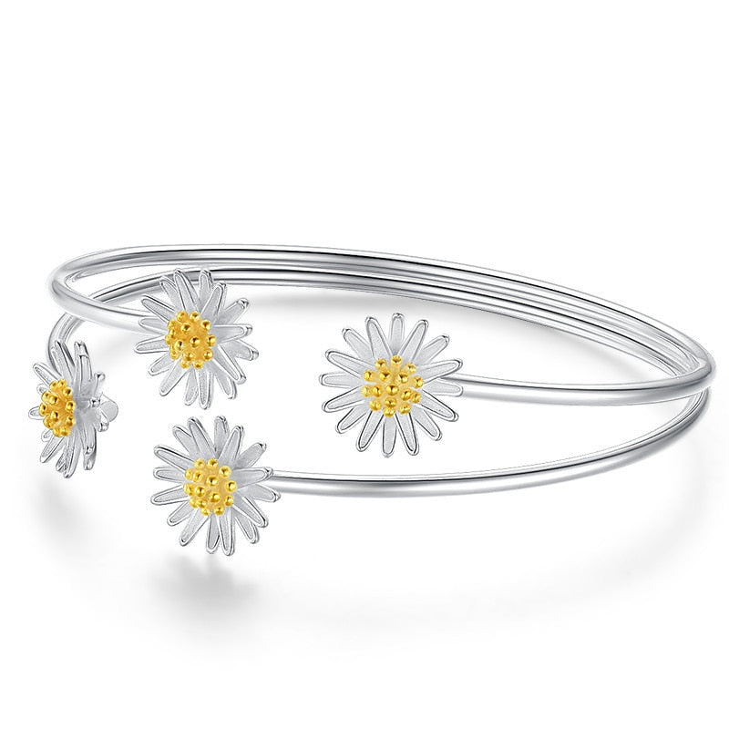 925 Sterling Silver Daisy Flower Charm Bracelet For Women