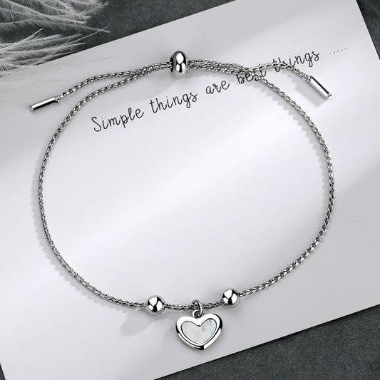 Round Beads Shell Heart Adjustable Charm 925 Silver Bracelet