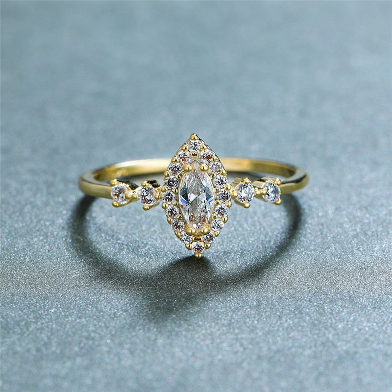 New Luxury White Crystal Stone Ring Yellow Gold Bridal Leaf