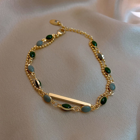 New Double Metal Gold Oval Green Crystal Bracelet For Women