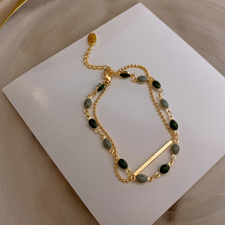 New Double Metal Gold Oval Green Crystal Bracelet For Women