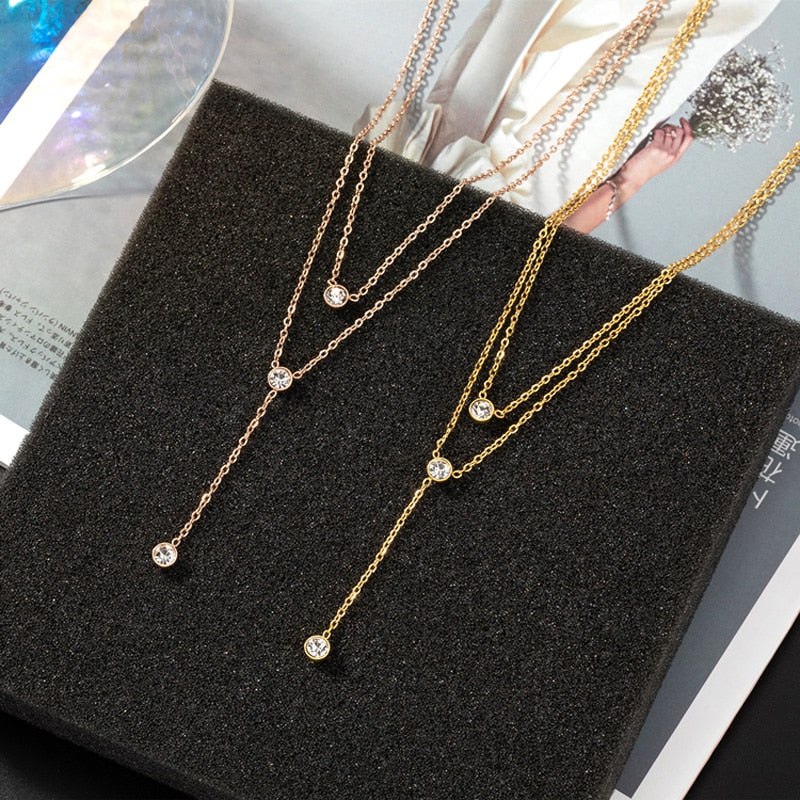 New 925 Sterling Silver O-Chain Necklace Rose Gold Zircon For Women
