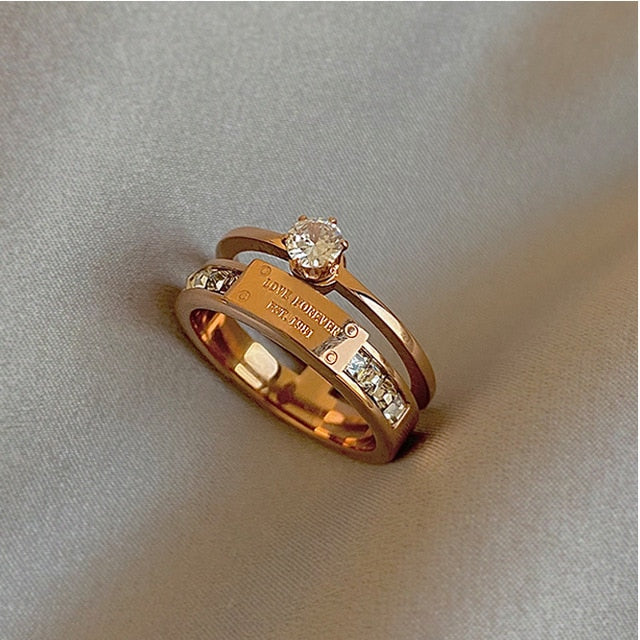 New Classic Titanium Steel Rose Gold Double Letter Rings For Women