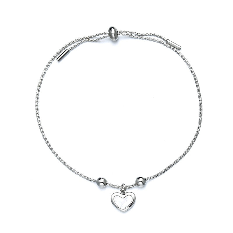 Round Beads Shell Heart Adjustable Charm 925 Silver Bracelet