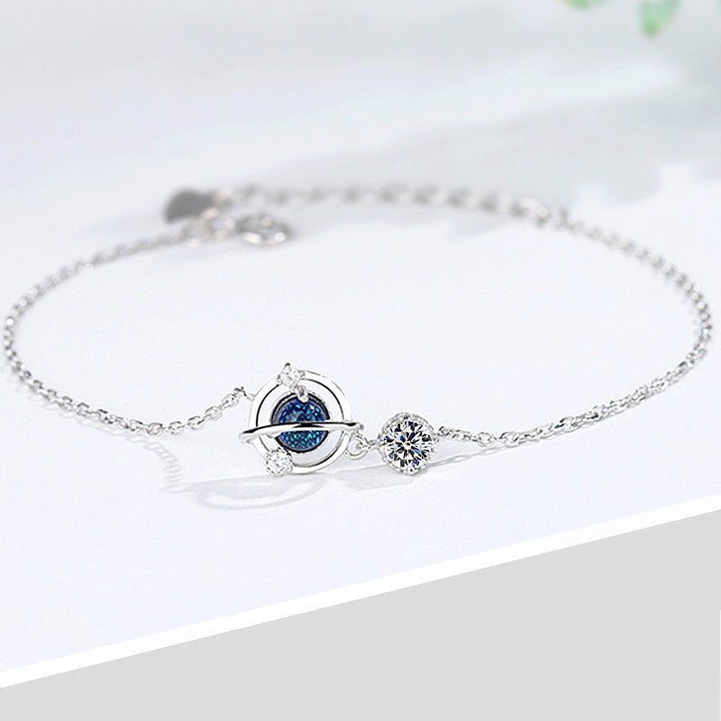 925 Sterling Silver Crystal Planet Charm Bracelet For Women